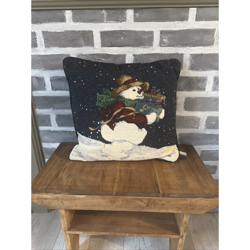 La France Home Blue Snowman Tapestry Pillow 16" X 16" Satin Snowflake Back USA